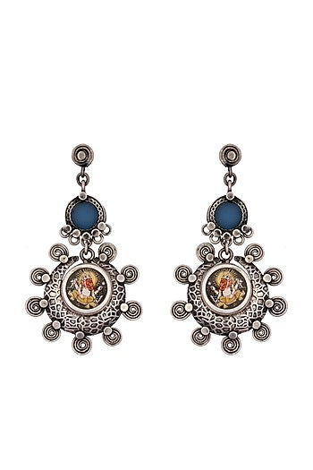 Black Rhodium Finish Synthetic Stone Dangler Earrings In Sterling Silver
