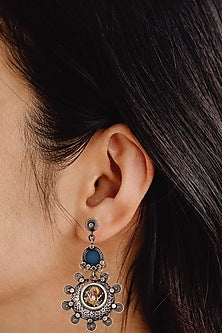 Black Rhodium Finish Synthetic Stone Dangler Earrings In Sterling Silver
