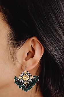Gold Finish Kundan Polki Dangler Earrings In Sterling Silver