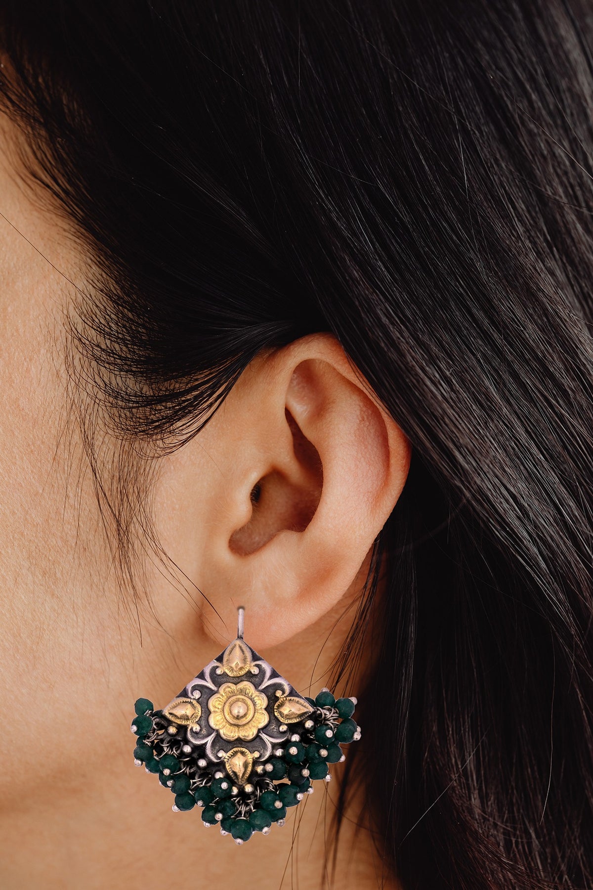 Gold Finish Kundan Polki Dangler Earrings In Sterling Silver
