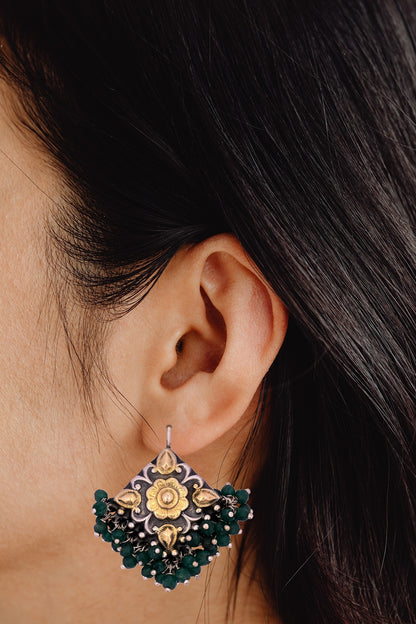 Gold Finish Kundan Polki Dangler Earrings In Sterling Silver