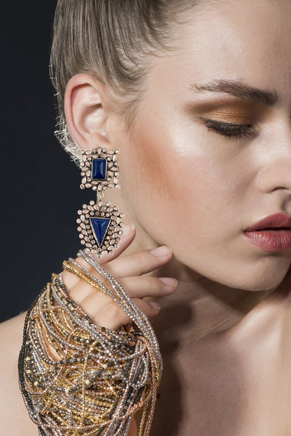 Black Rhodium Finish Blue Lapis Dangler Earrings In Sterling Silver