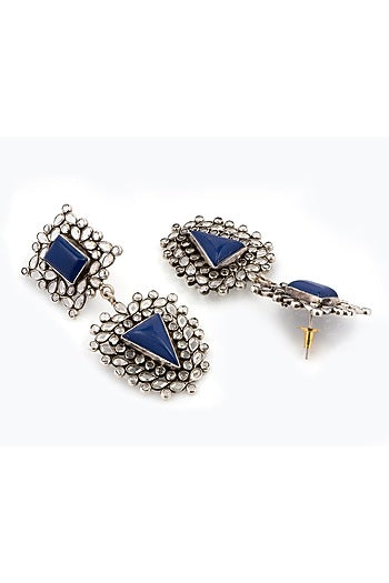 Black Rhodium Finish Blue Lapis Dangler Earrings In Sterling Silver