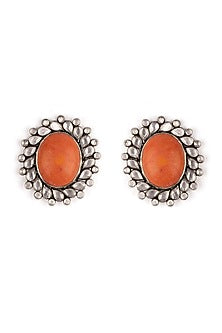 Silver Finish Coral Stone Stud Earrings In Sterling Silver