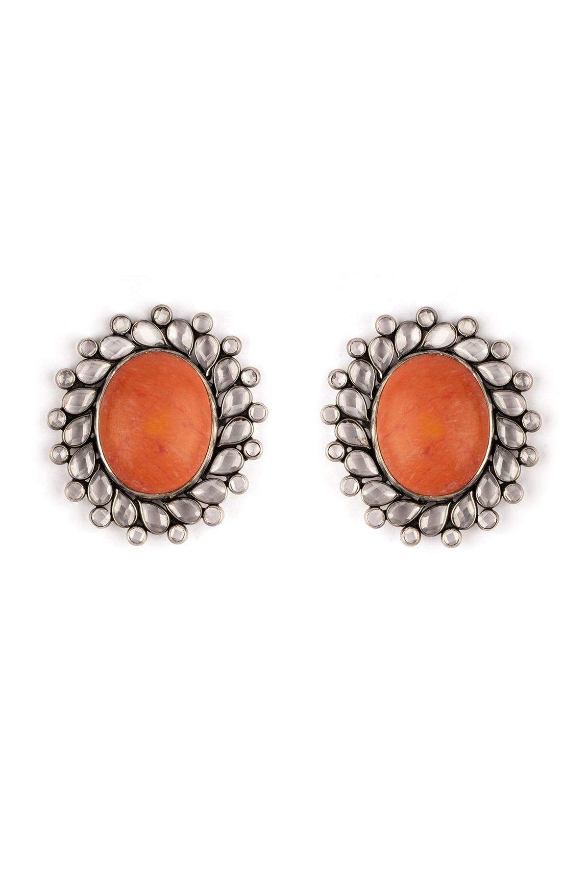 Silver Finish Coral Stone Stud Earrings In Sterling Silver