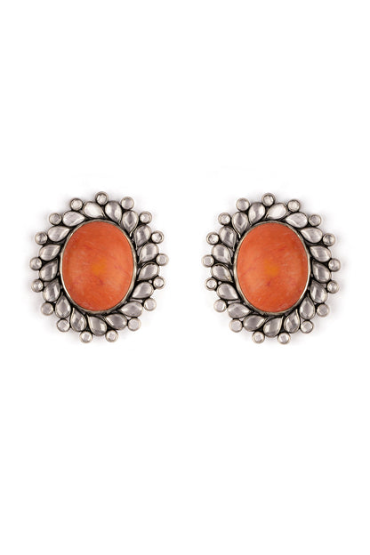 Silver Finish Coral Stone Stud Earrings In Sterling Silver