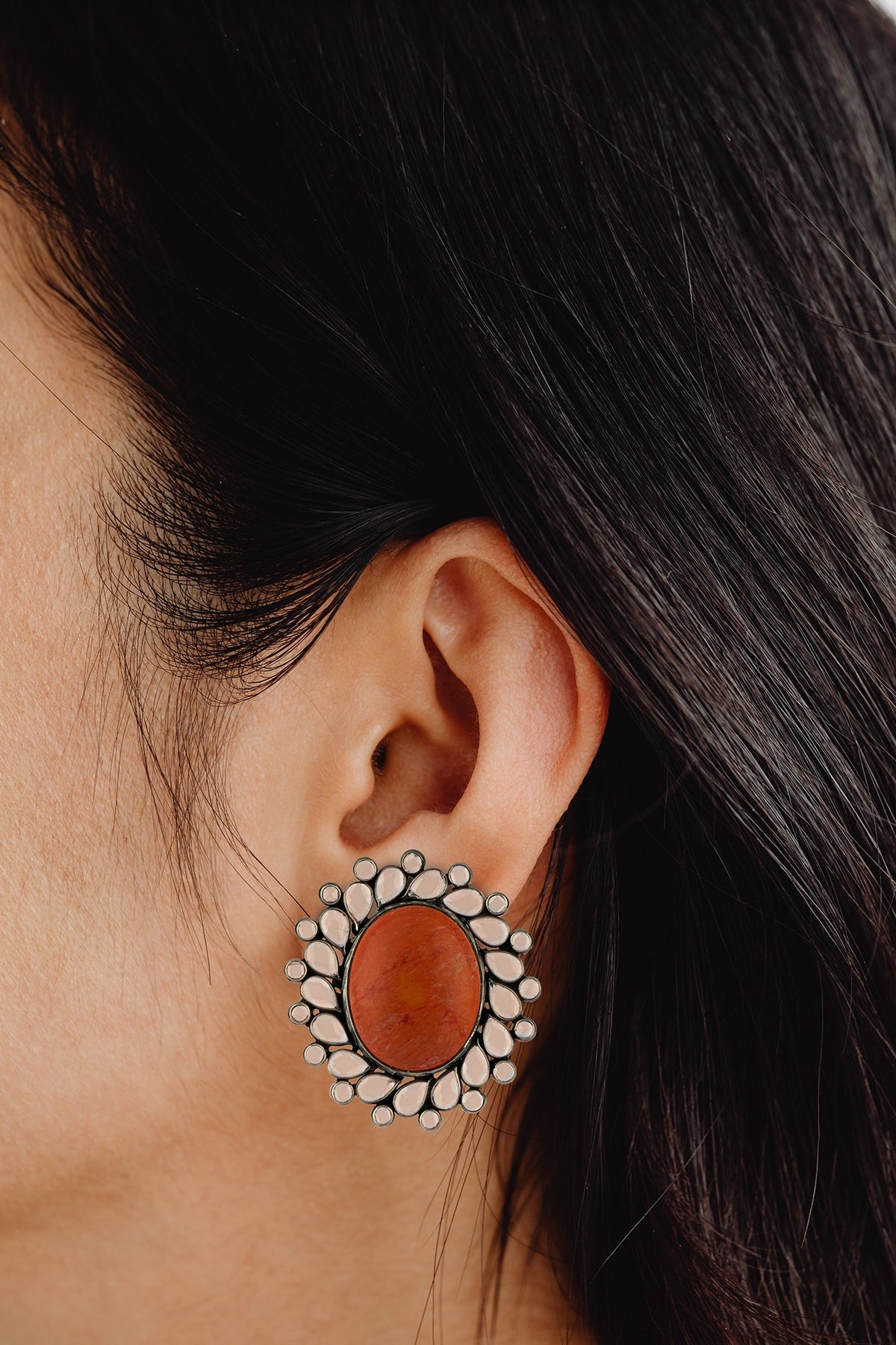 Silver Finish Coral Stone Stud Earrings In Sterling Silver