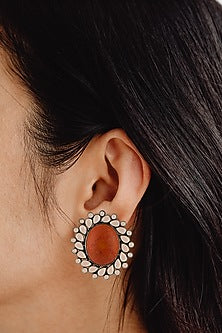 Silver Finish Coral Stone Stud Earrings In Sterling Silver
