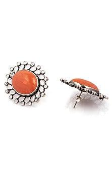 Silver Finish Coral Stone Stud Earrings In Sterling Silver