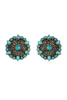 Black Rhodium Finish Turquoise Stone Stud Earrings In Sterling Silver