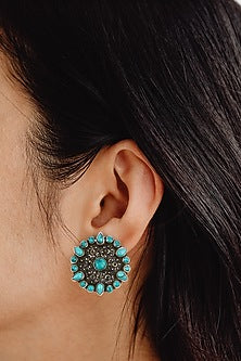 Black Rhodium Finish Turquoise Stone Stud Earrings In Sterling Silver