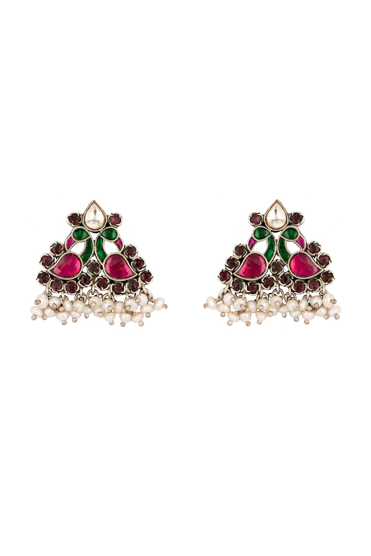 White Finish Dangler Earrings In Sterling Silver With Kundan Polki