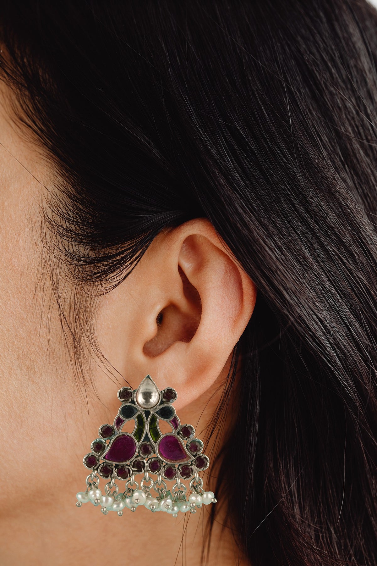 White Finish Dangler Earrings In Sterling Silver With Kundan Polki