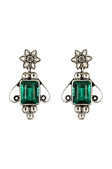 White Finish Green Stone & Kundan Polki Stud Earrings In Sterling Silver