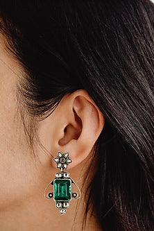 White Finish Green Stone & Kundan Polki Stud Earrings In Sterling Silver
