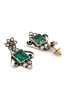 White Finish Green Stone & Kundan Polki Stud Earrings In Sterling Silver