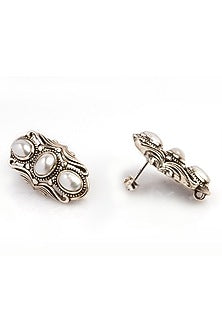 Black Rhodium Finish Pearl Stud Earrings In Sterling Silver