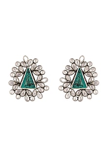 Silver Finish Green Stone Stud Earrings In Sterling Silver
