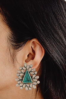 Silver Finish Green Stone Stud Earrings In Sterling Silver
