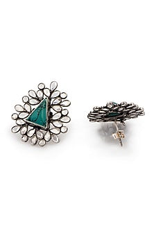 Silver Finish Green Stone Stud Earrings In Sterling Silver