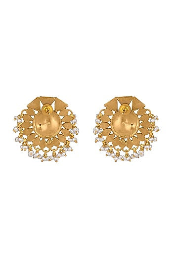 Gold Finish Kundan Floral Stud Earrings In 92.5 Sterling Silver
