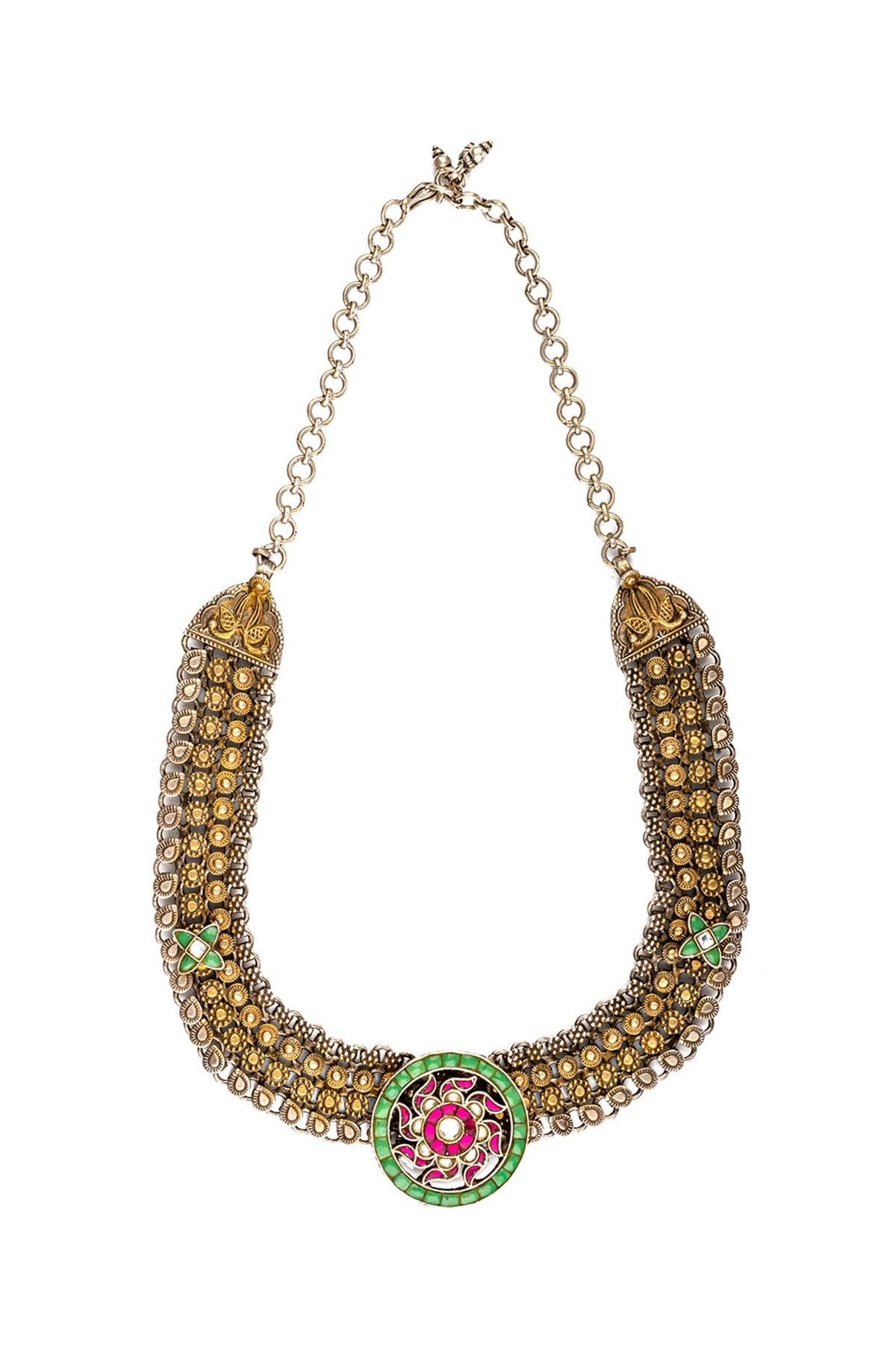 Two-Tone Finish Emerald Necklace In 92.5 Sterling Silver
