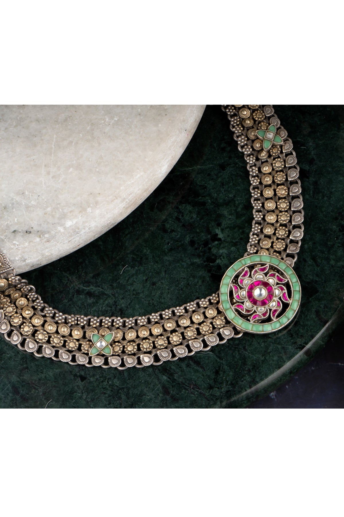 Two-Tone Finish Emerald Necklace In 92.5 Sterling Silver