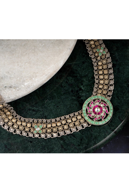 Two-Tone Finish Emerald Necklace In 92.5 Sterling Silver