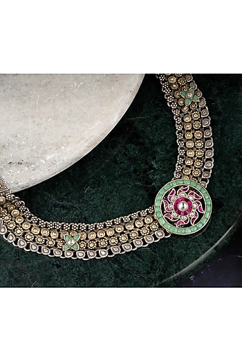 Two-Tone Finish Emerald Necklace In 92.5 Sterling Silver