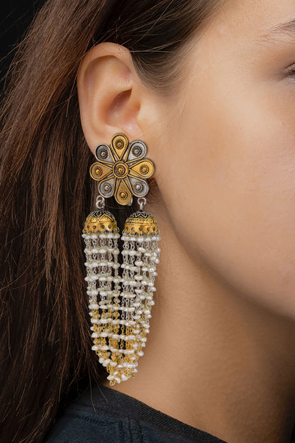 Two-Tone Finish Double Jhumka Earrings In Sterling Silver
