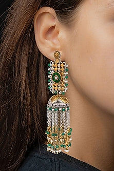 Two-Tone Finish Kundan Polki Jhumka Earrings In Sterling Silver