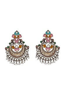 Two-Tone Finish Meenakari Chandbali Earrings In Sterling Silver