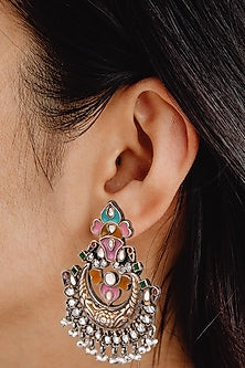 Two-Tone Finish Meenakari Chandbali Earrings In Sterling Silver