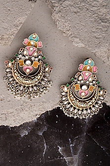 Two-Tone Finish Meenakari Chandbali Earrings In Sterling Silver