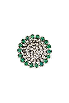 White Finish Adjustable Kundan Polki Ring In Sterling Silver
