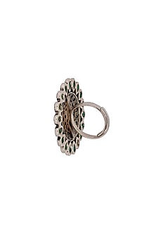 White Finish Adjustable Kundan Polki Ring In Sterling Silver