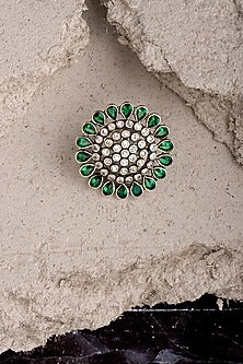 White Finish Adjustable Kundan Polki Ring In Sterling Silver