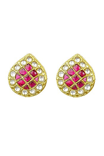 Gold Finish White & Red Kundan Polki Stud Earrings In Sterling Silver
