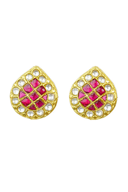 Gold Finish White & Red Kundan Polki Stud Earrings In Sterling Silver