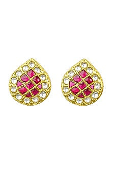 Gold Finish White & Red Kundan Polki Stud Earrings In Sterling Silver