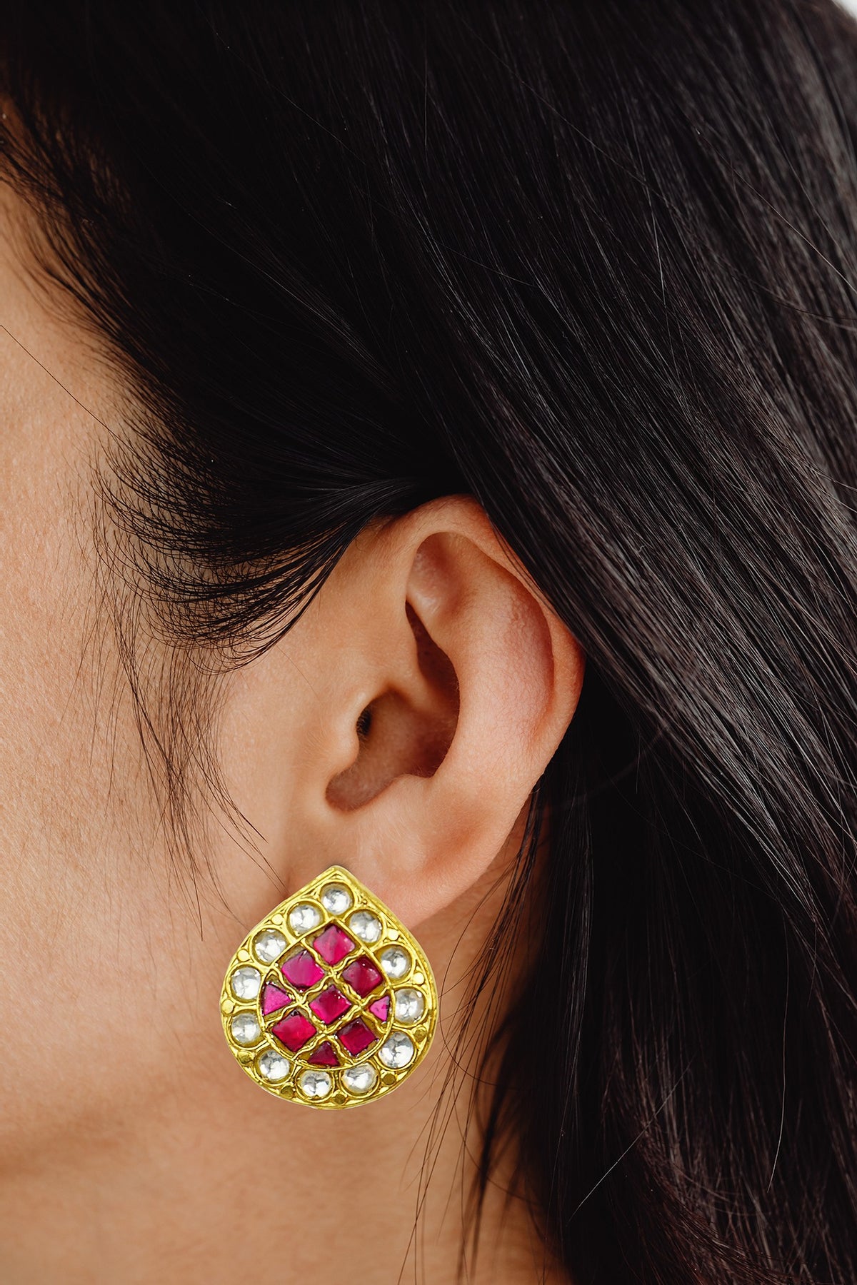 Gold Finish White & Red Kundan Polki Stud Earrings In Sterling Silver