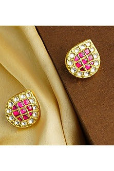 Gold Finish White & Red Kundan Polki Stud Earrings In Sterling Silver