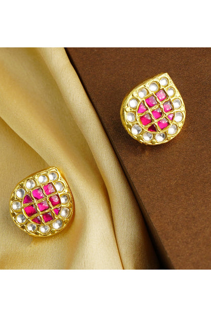 Gold Finish White & Red Kundan Polki Stud Earrings In Sterling Silver
