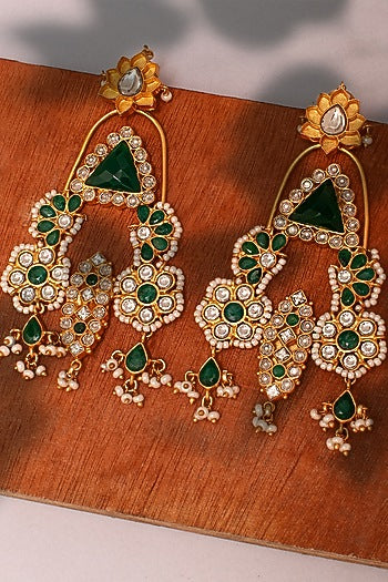 Gold Plated Green Onyx & Kundan Polki Dangler Earrings In Sterling Silver