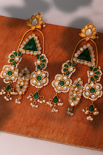 Gold Plated Green Onyx & Kundan Polki Dangler Earrings In Sterling Silver