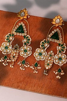 Gold Plated Green Onyx & Kundan Polki Dangler Earrings In Sterling Silver