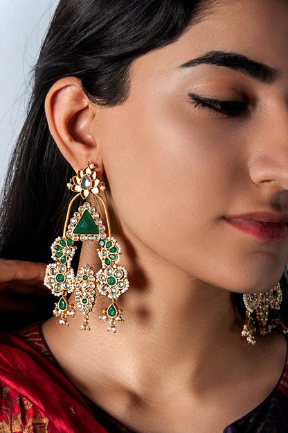 Gold Plated Green Onyx & Kundan Polki Dangler Earrings In Sterling Silver