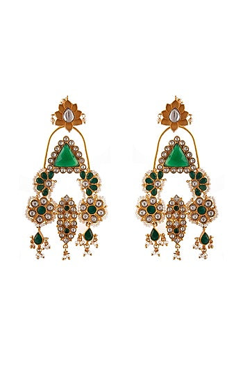 Gold Plated Green Onyx & Kundan Polki Dangler Earrings In Sterling Silver