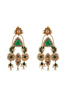 Gold Plated Green Onyx & Kundan Polki Dangler Earrings In Sterling Silver