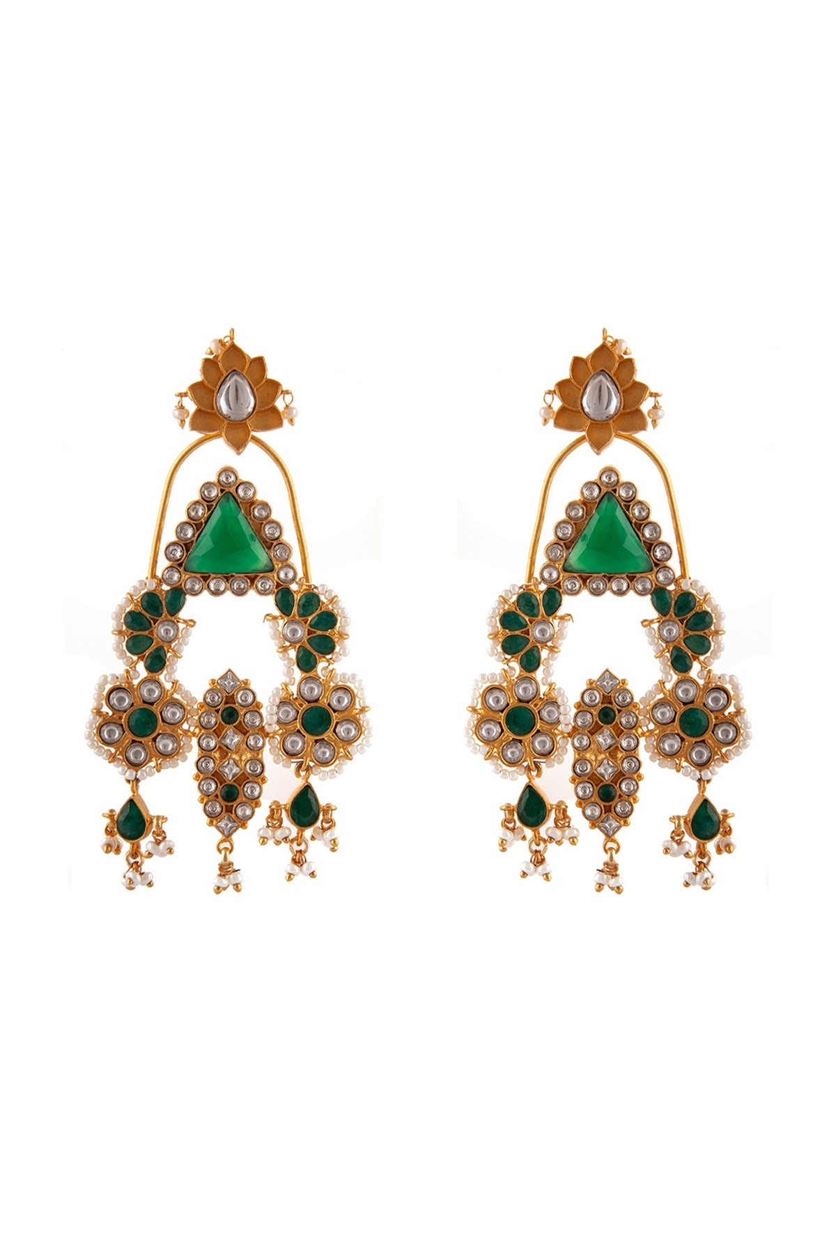 Gold Plated Green Onyx & Kundan Polki Dangler Earrings In Sterling Silver